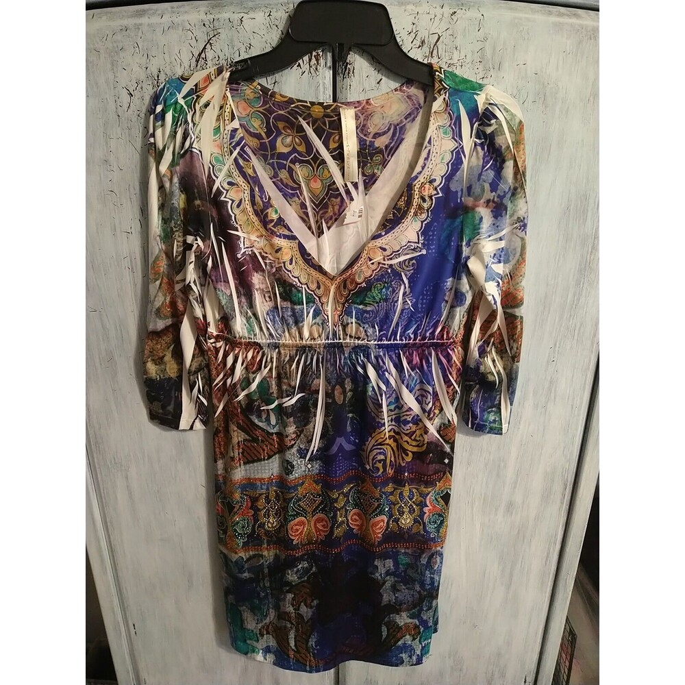 S12  Beaded Multicolored V-neck Knee Length Dress md Boho Vintage Y2K Feminine